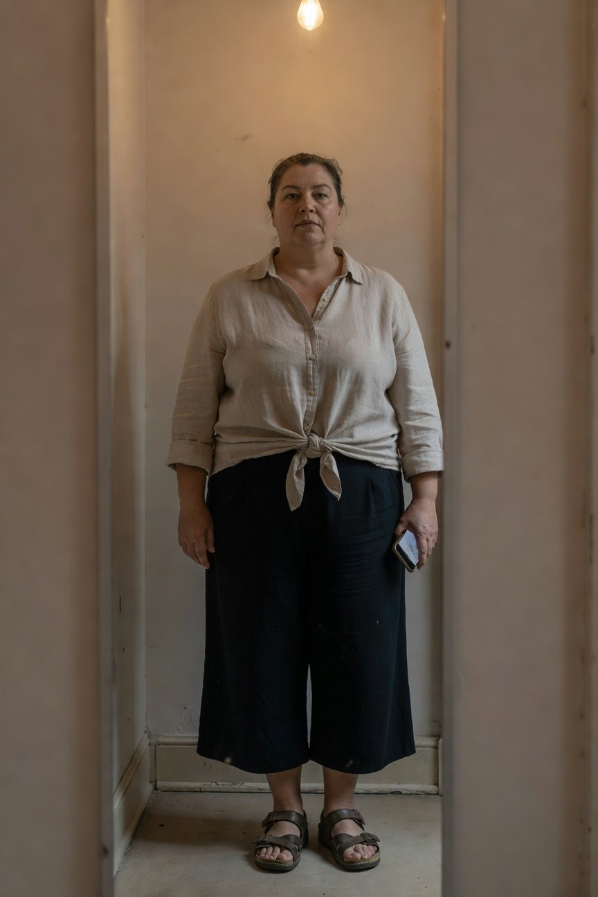 Plus-size woman standing in beige long-sleeve linen collared shirt knotted at the front waist, black wide-leg cropped pants, brown strap sandals, holding a smartphone in her right hand
