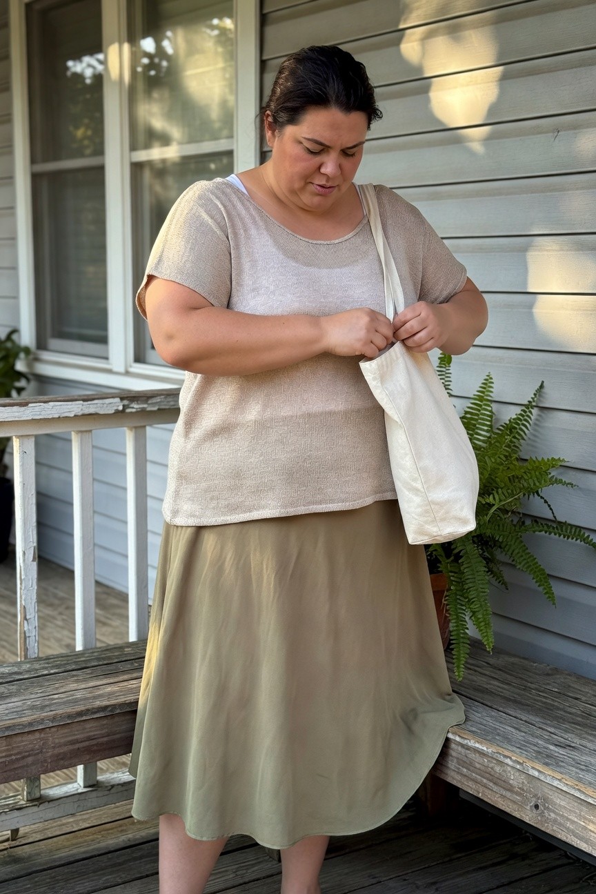 Plus-size woman standing on a porch wearing a loose beige textured knit short-sleeve top, sage green flowy midi skirt, and holding a white canvas tote bag, casual hot weather outfit.