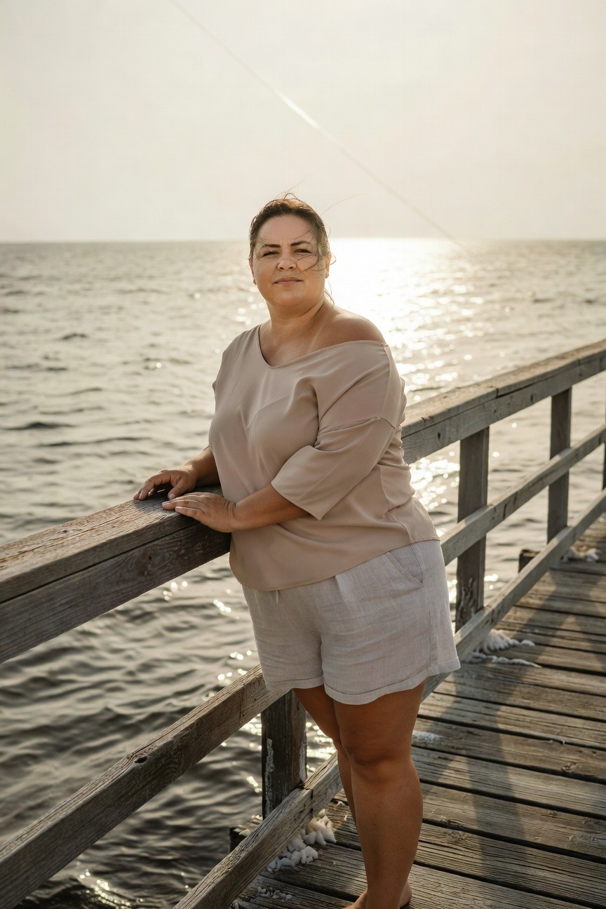 Plus-size woman leaning on wooden railing in loose beige off-shoulder blouse and light cream linen shorts, standing barefoot on pier deck with ocean in background