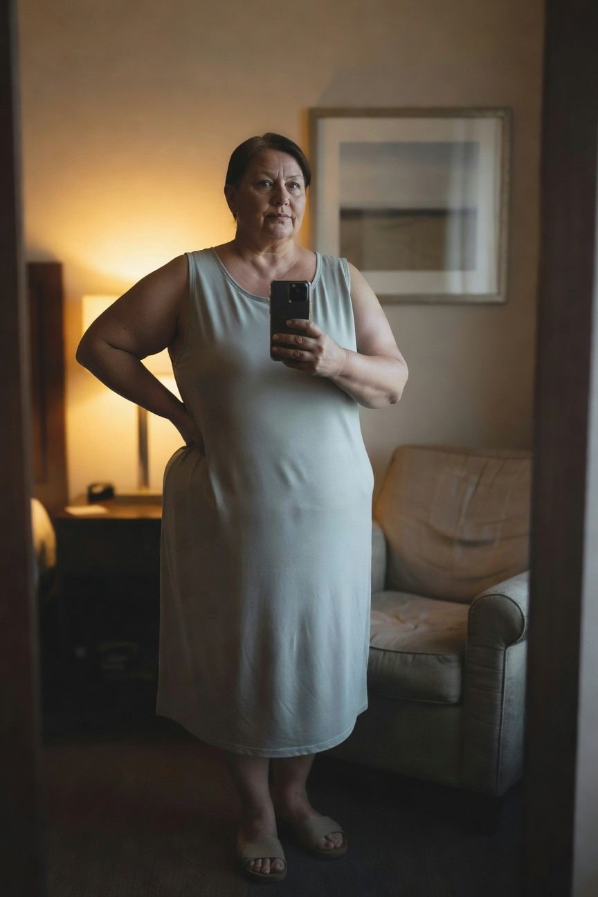 Plus-size woman in her 50s taking a mirror selfie in a light gray sleeveless tank maxi dress with hand on hip, wearing beige flat sandals, standing in a softly lit bedroom