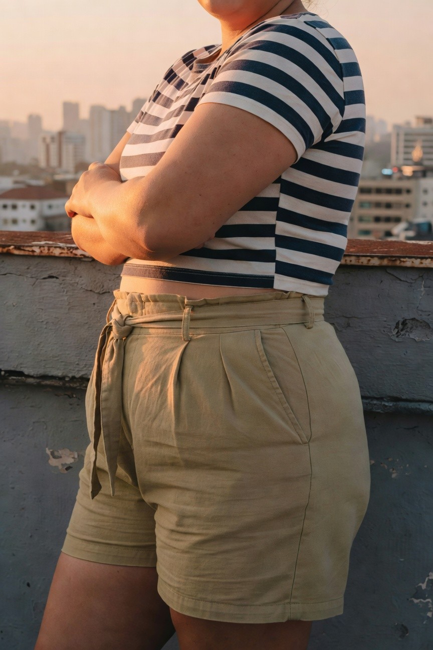 Side profile of plus-size woman with arms crossed, wearing navy and white horizontal striped short-sleeve crop top tucked slightly at high-waisted khaki pleated shorts with tie detail, on urban rooftop