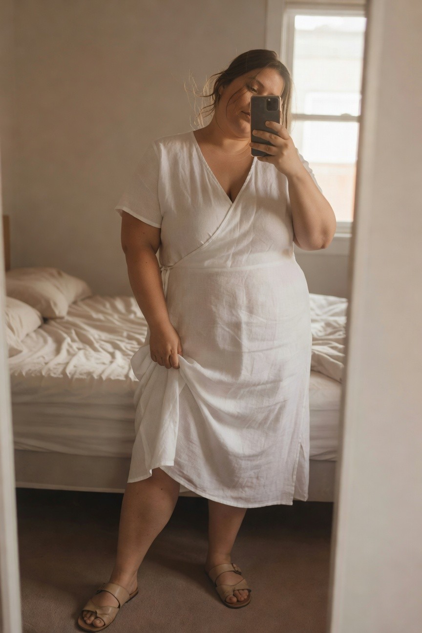 Plus-size woman in a white linen wrap dress with short sleeves and V-neck, holding the skirt fabric, wearing tan strappy sandals, taking a mirror selfie in a bedroom.