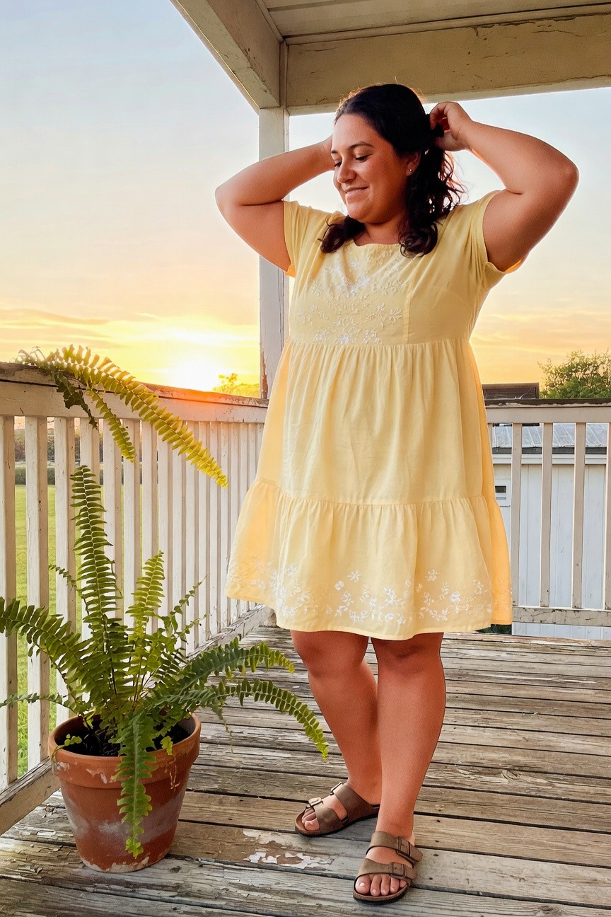 Plus-size woman smiling with hands in her dark wavy hair, wearing a pale yellow tiered short-sleeve dress with white embroidery and tan strappy flat sandals, standing on a wooden deck next to a potted fern plant
