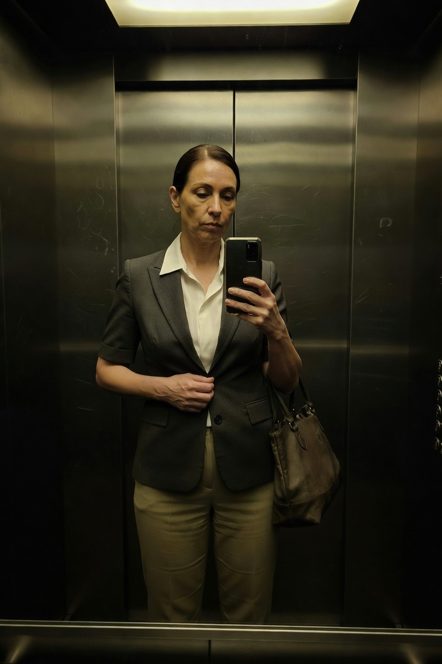Woman in charcoal gray short-sleeve blazer over white collared shirt and beige straight-leg trousers taking a mirror selfie in an elevator while holding a tan leather handbag