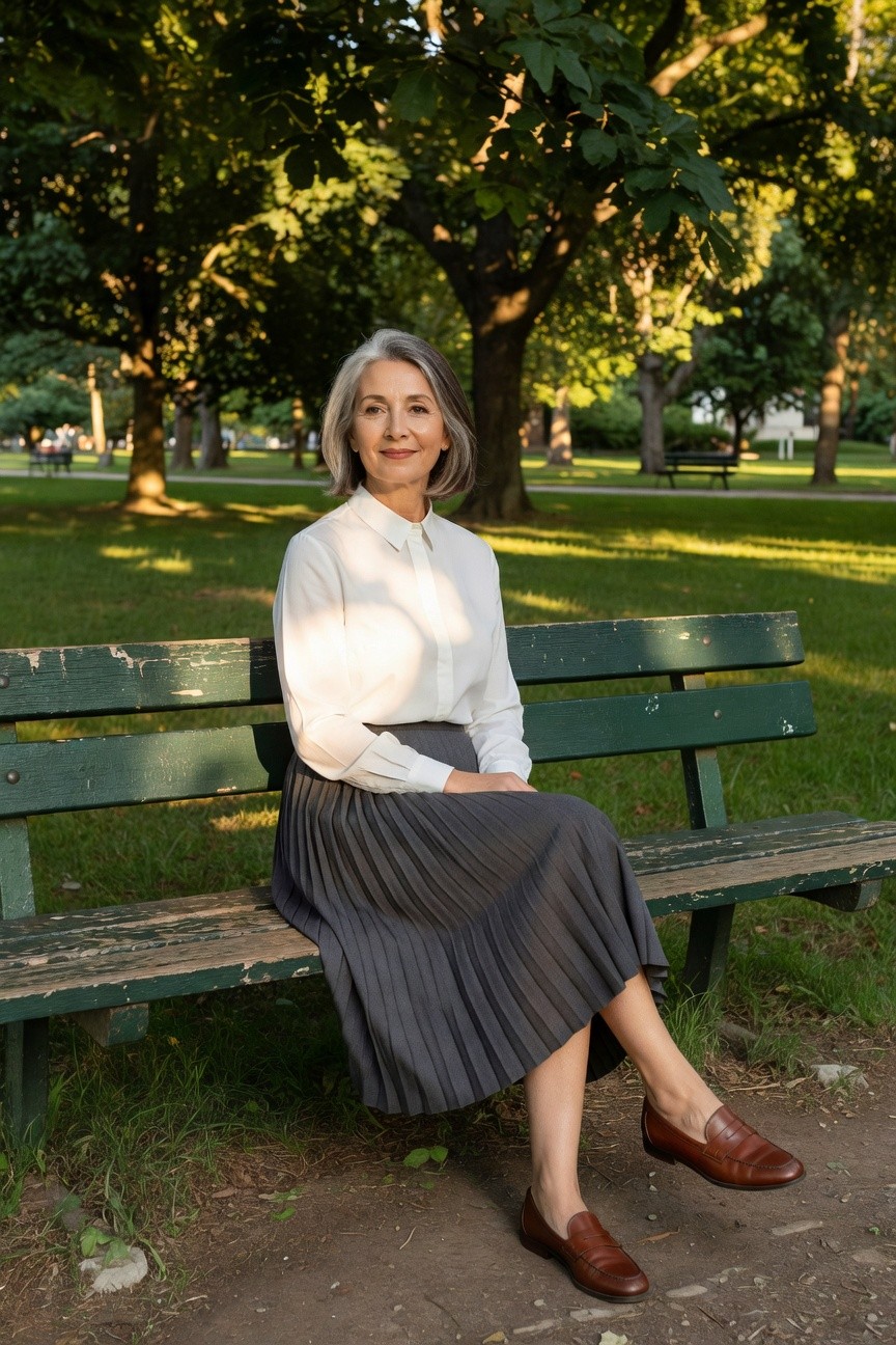 Elegant woman with gray hair in a white collared long-sleeve blouse, gray pleated midi skirt, and brown leather loafers, seated on a green bench