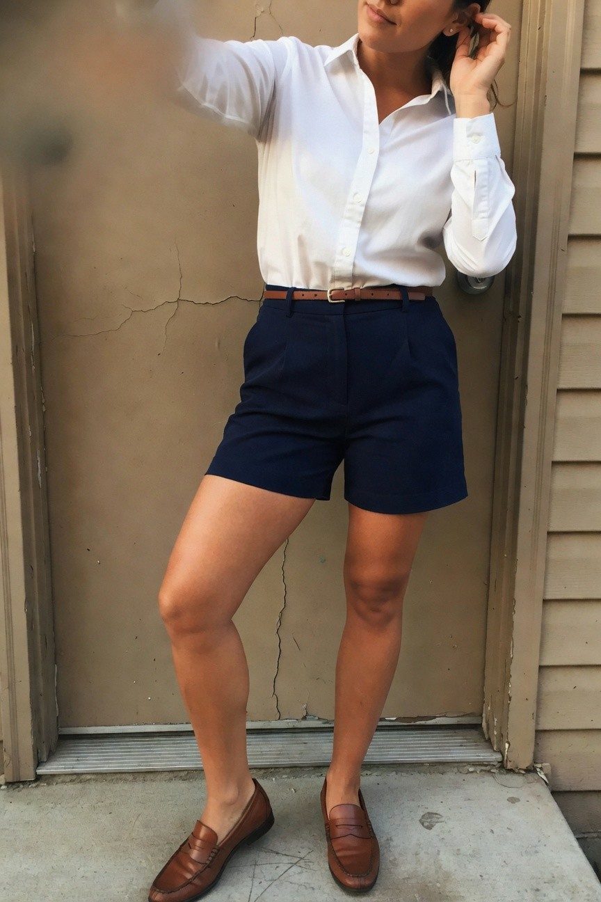Woman posing with hand to ear in white long-sleeve button-down shirt tucked into high-waisted navy pleated shorts with brown leather belt and matching brown loafers, leaning against beige wall and door
