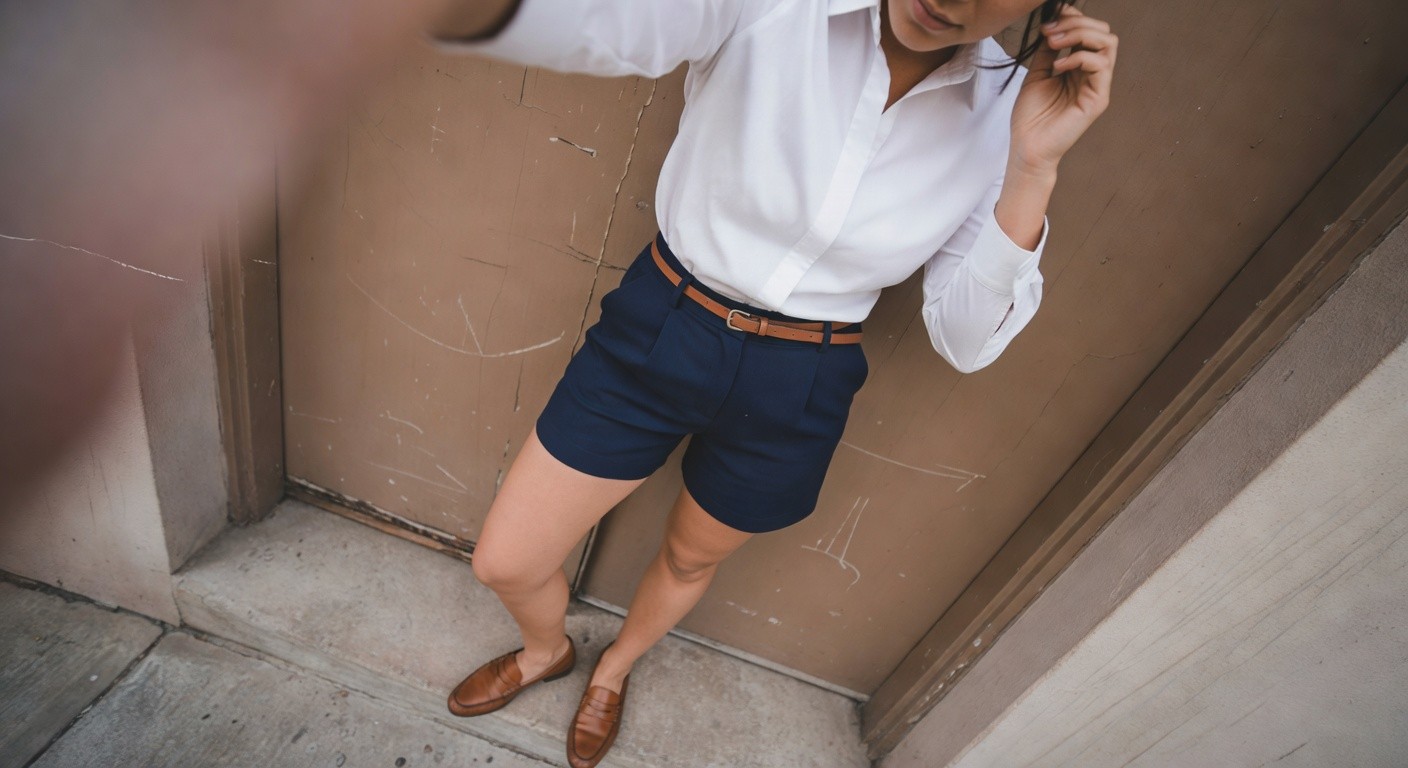 Woman posing with hand to ear in white long-sleeve button-down shirt tucked into high-waisted navy pleated shorts with brown leather belt and matching brown loafers, leaning against beige wall and door