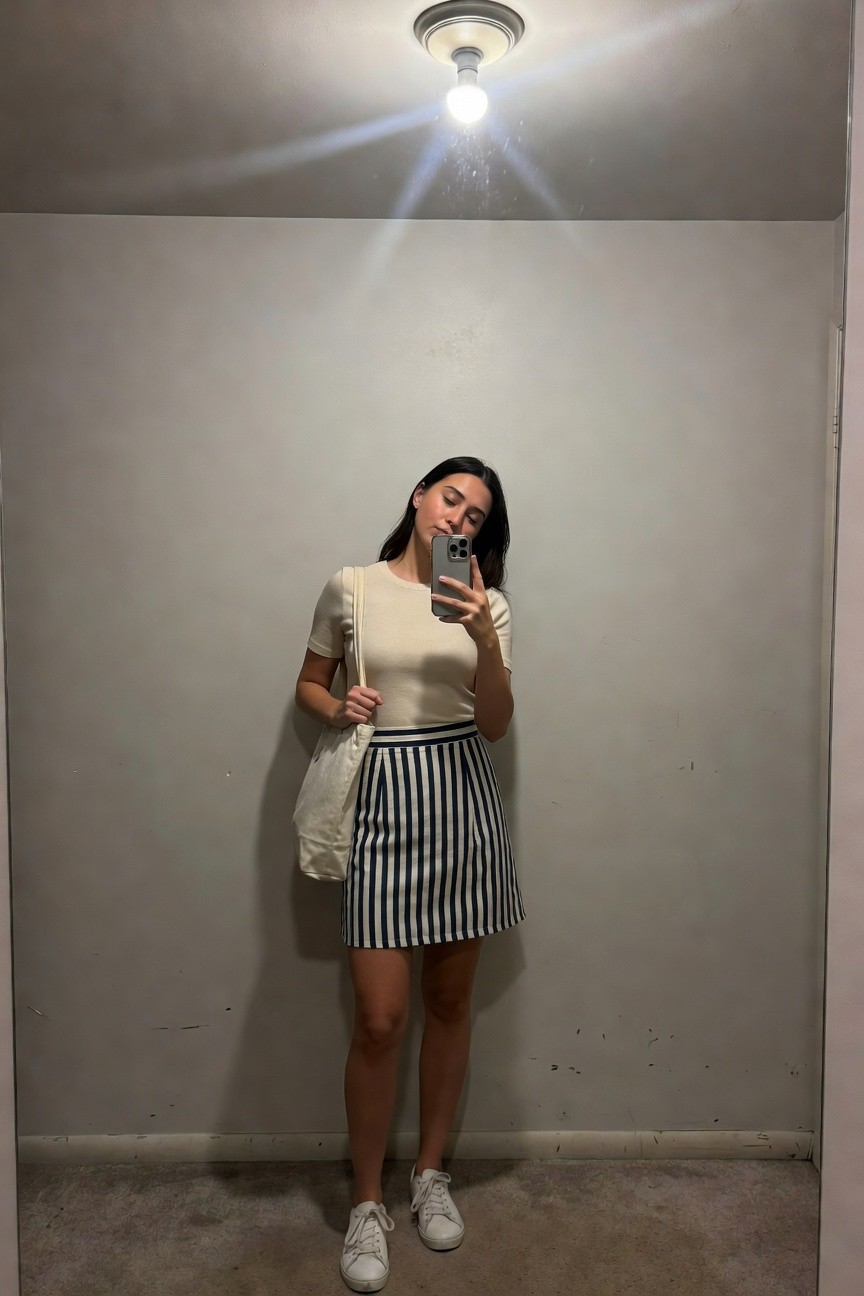 Woman taking mirror selfie in fitted cream short-sleeve knit top, navy and white striped pleated mini skirt, cream canvas tote bag over shoulder, and white sneakers, standing in beige-walled room