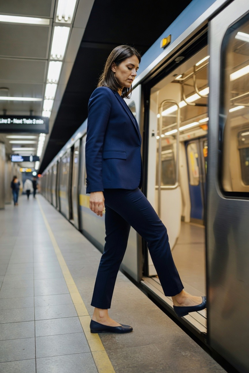 Woman in tailored navy blazer and matching slim pants with navy flats, stepping into an open subway train door on a platform