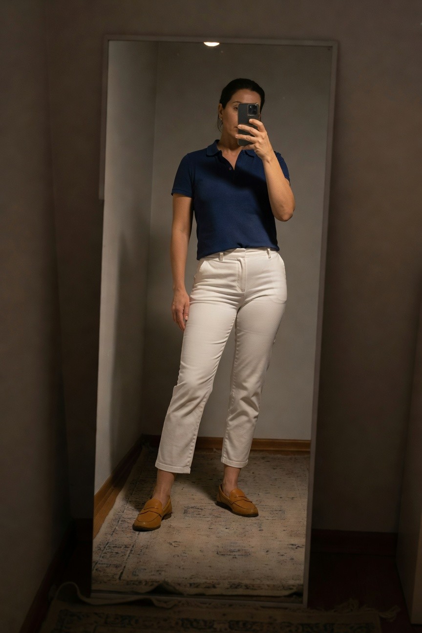 Woman taking mirror selfie in navy short-sleeve polo shirt with collar, white straight-leg cropped pants, and tan leather loafers on wood floor indoors