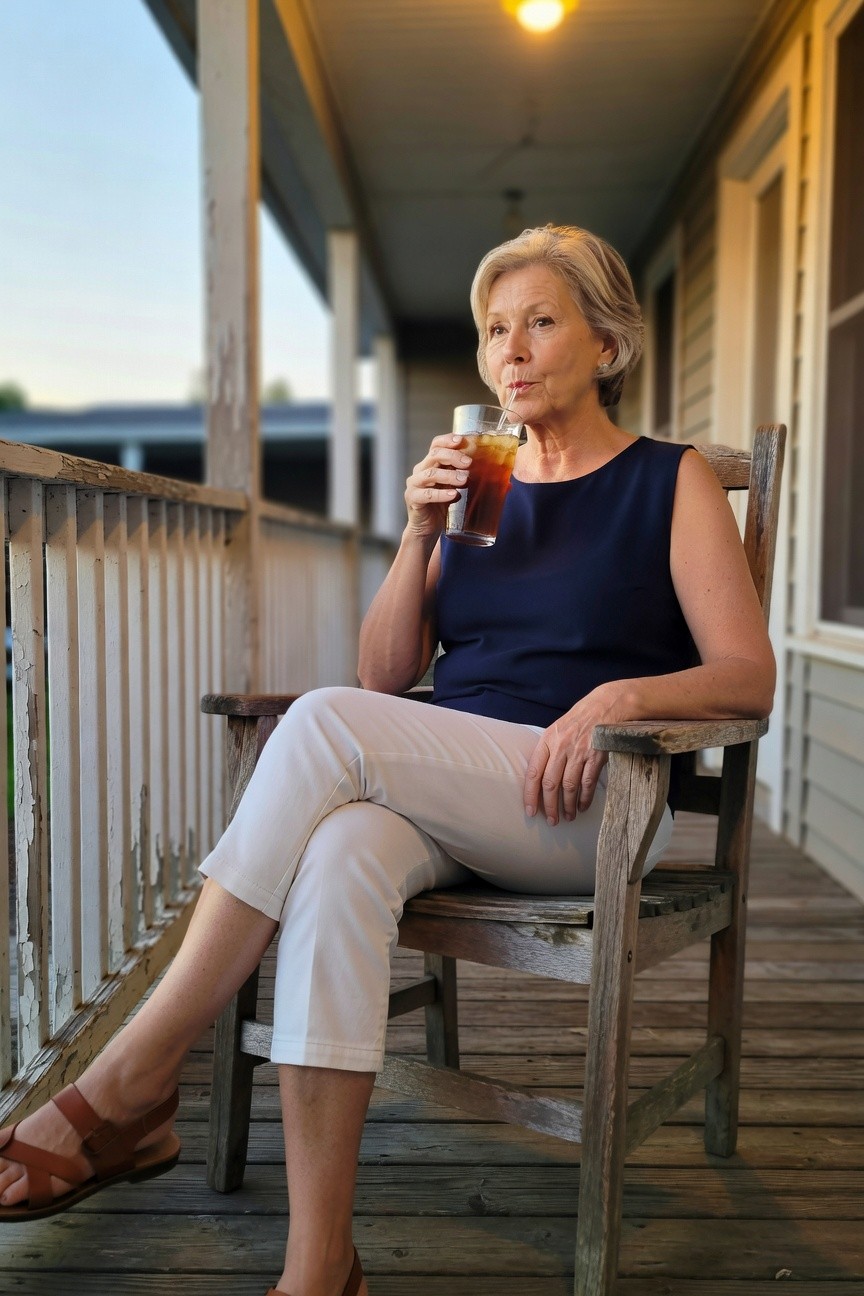 Mature woman with short blonde hair seated in a wooden chair wearing a sleeveless navy boatneck top, white cropped capri pants, and tan strappy sandals, holding a glass of iced tea