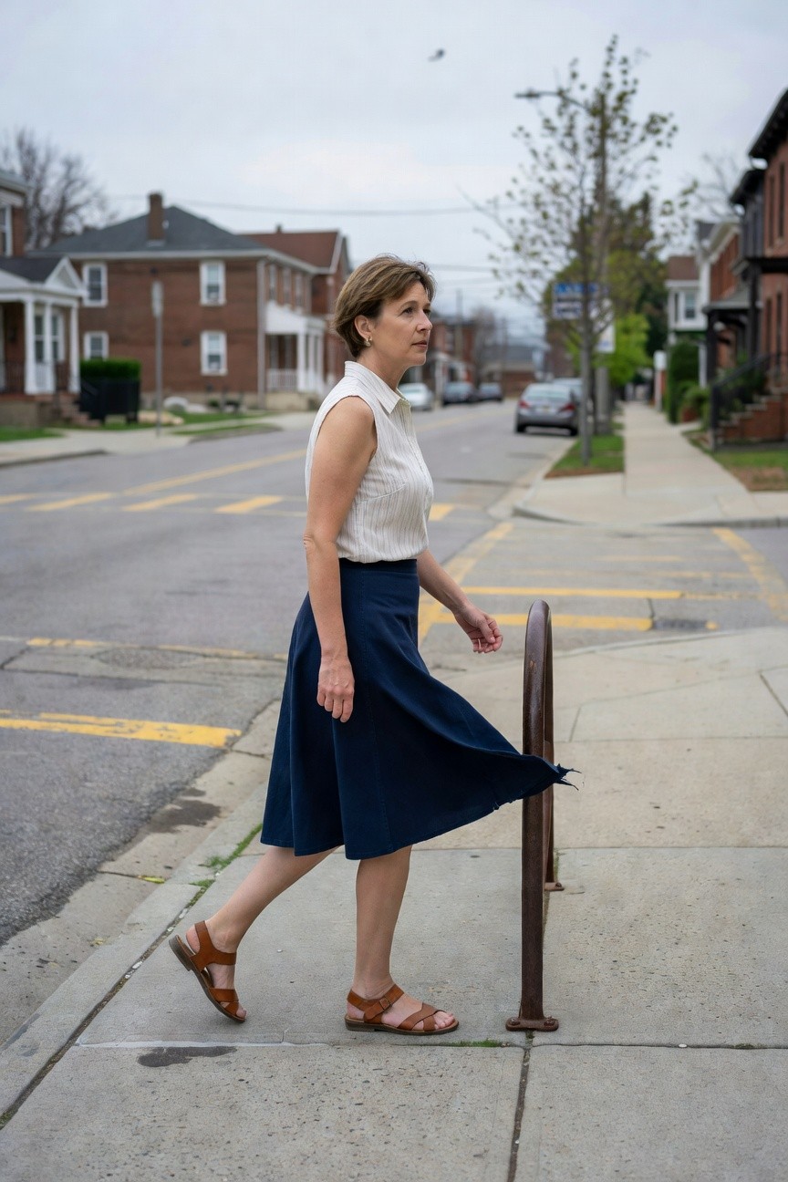 Side view of a woman in her 40s walking on a sidewalk, wearing a white sleeveless collared blouse, navy A-line midi skirt, and tan cross-strap sandals, hand on a metal hoop, urban street background blurred.