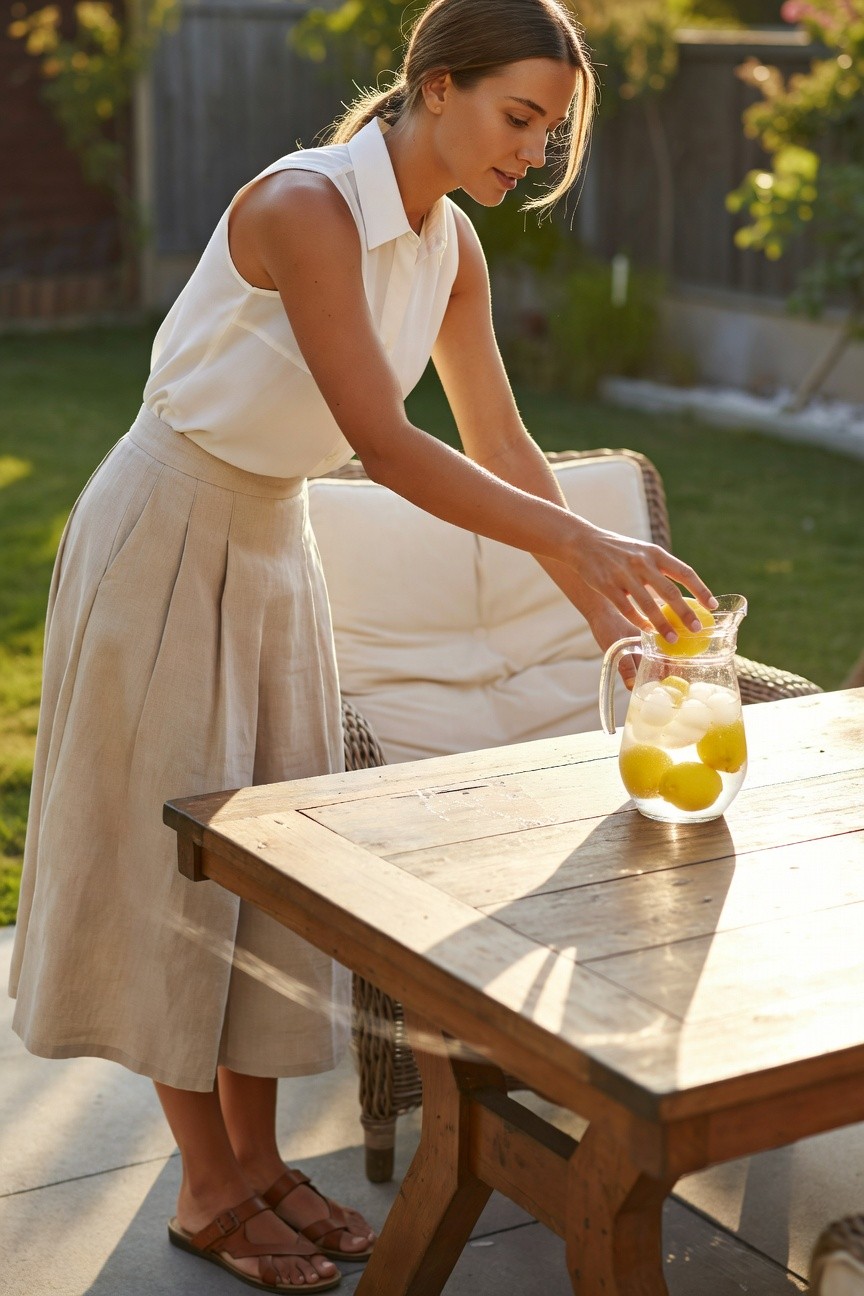 Woman in white sleeveless collared blouse and beige pleated linen skirt with wide legs, tan strappy sandals, bending over outdoor table
