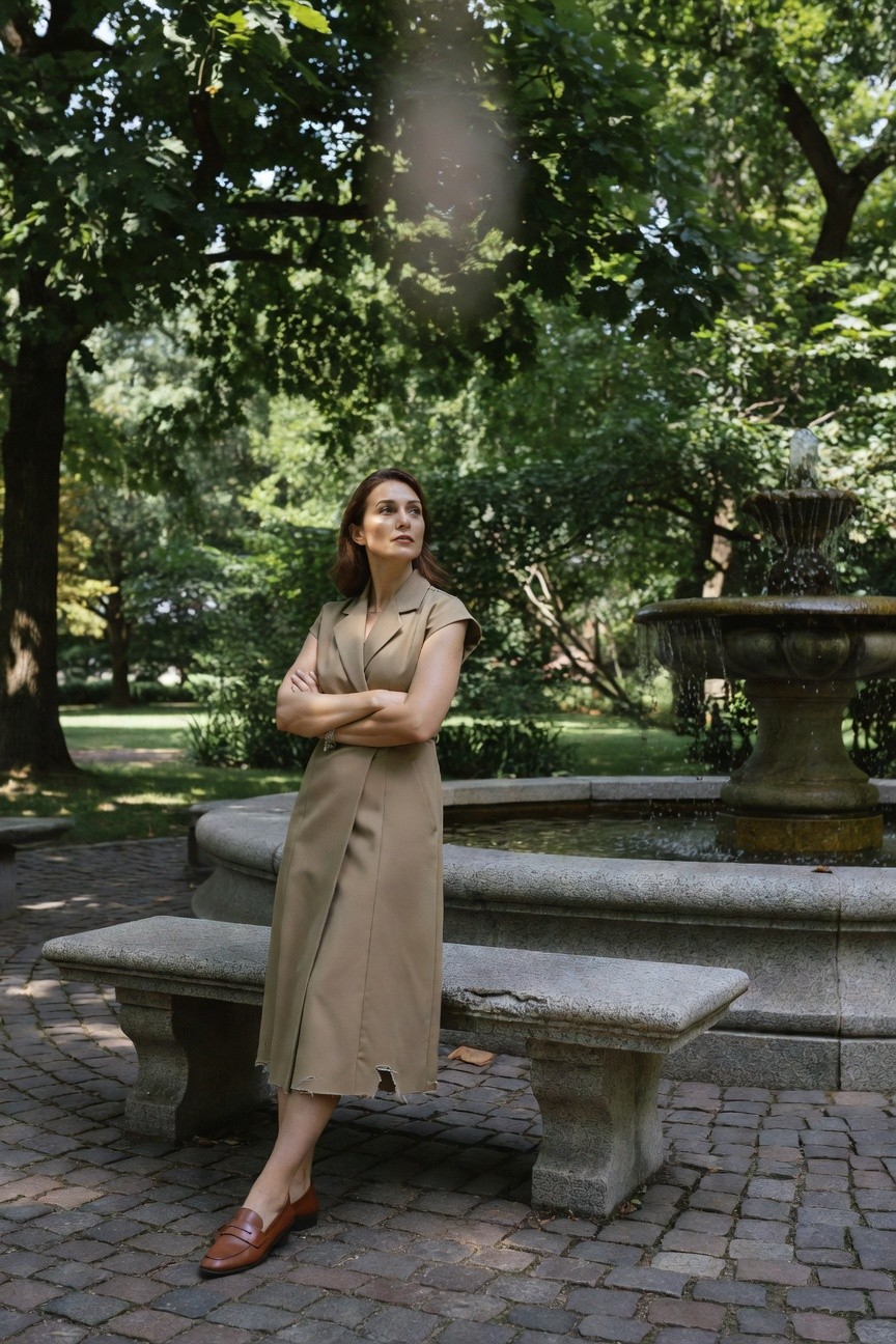 Woman in sleeveless beige wrap dress with notched lapels and brown penny loafers, standing with arms crossed by stone bench and fountain
