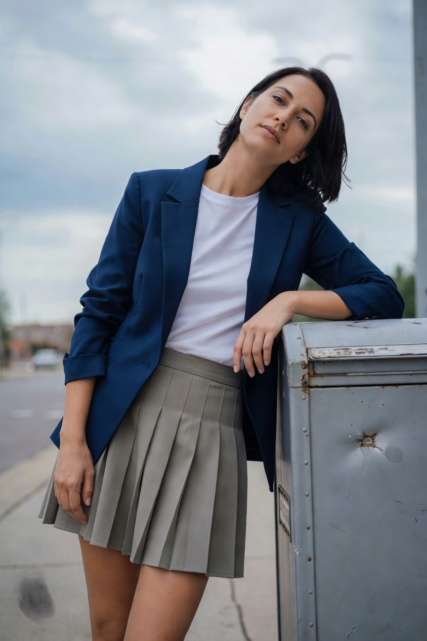 Woman with dark bob hair leaning against rusty metal box, wearing fitted navy blue blazer over white t-shirt tucked into short light gray pleated skirt, one hand on hip and other on box, urban sidewalk setting