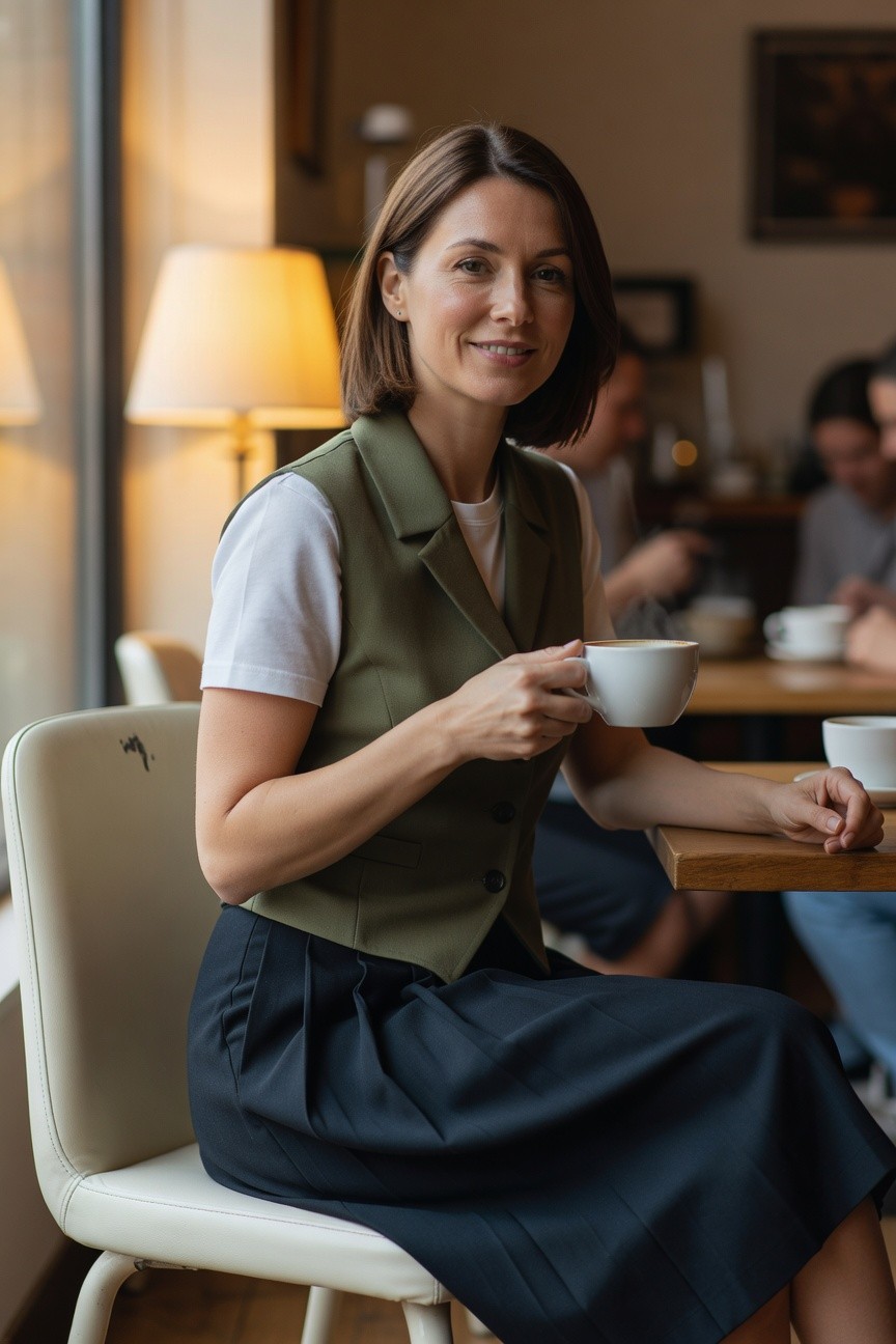 Woman in tailored olive green vest over white short-sleeve tee and navy pleated midi skirt, holding a white coffee mug, seated in a modern cafe chair with clean lines