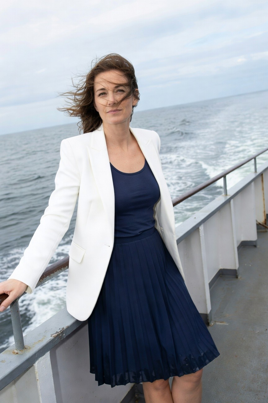 Woman standing on boat deck railing wearing white tailored blazer over navy tank top and pleated navy skirt, hand gripping rail, hair windswept, ocean view behind