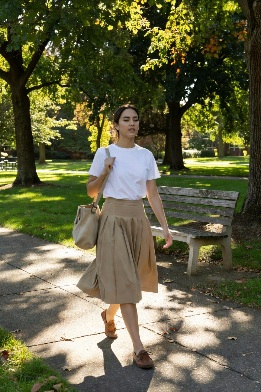Woman in a white shirt and beige pleated skirt walking in a park.