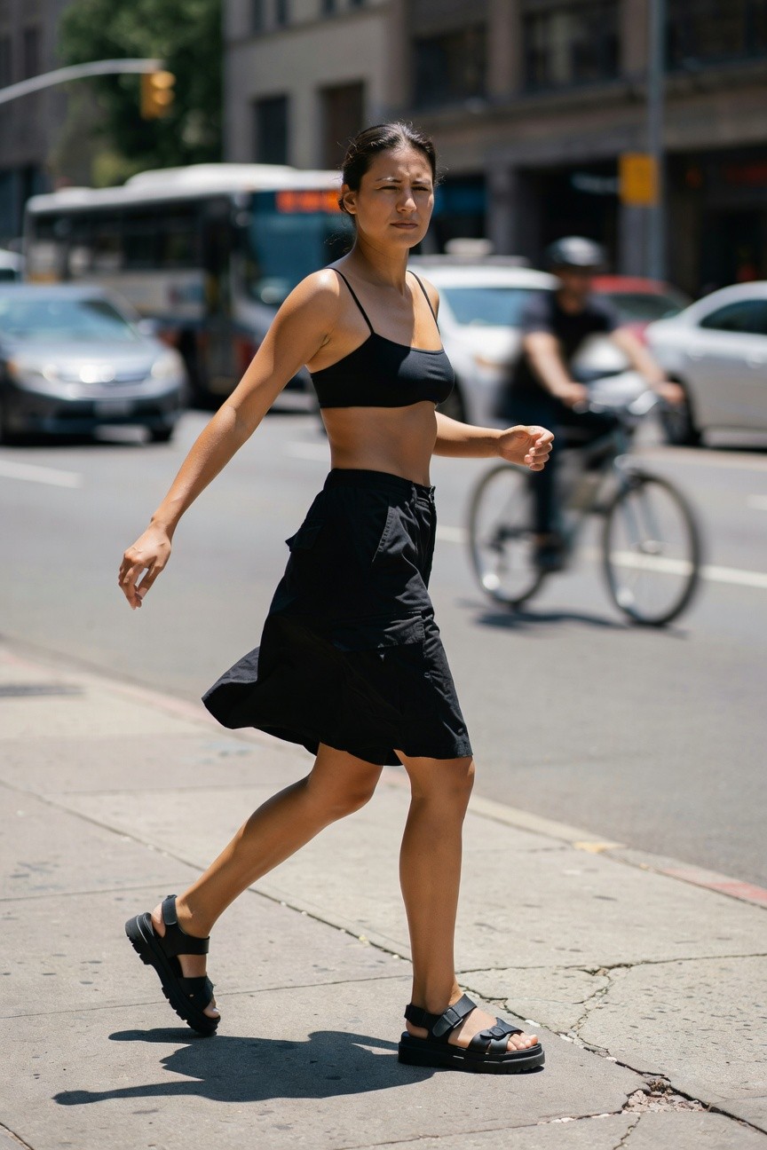Woman walking in all-black outfit featuring cropped spaghetti-strap bralette, midriff-baring cargo mini skirt with pockets, and black chunky platform sandals, captured mid-stride on city sidewalk
