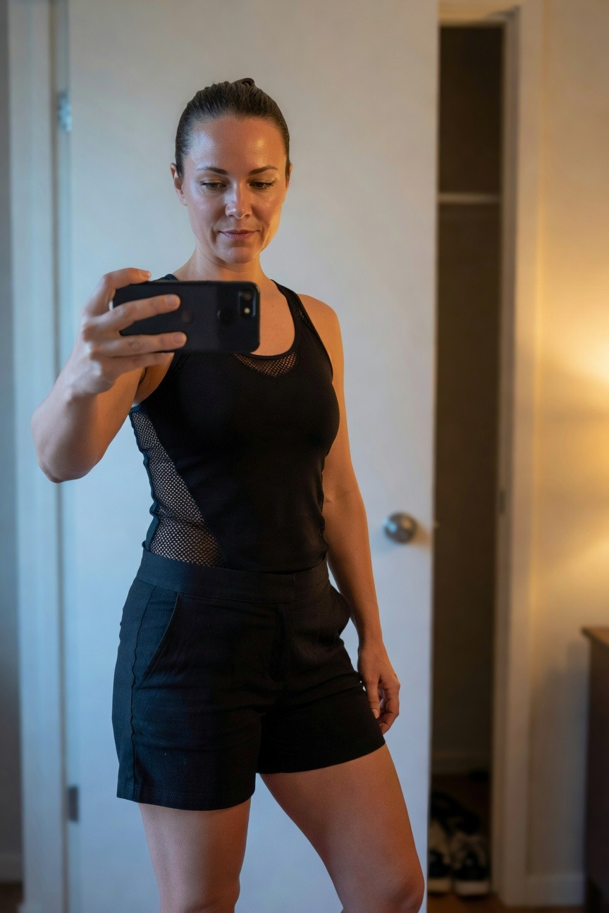 Woman taking a mirror selfie in an all-black outfit featuring a sleeveless mesh-panel tank top and mid-thigh tailored shorts, standing in front of a closet door