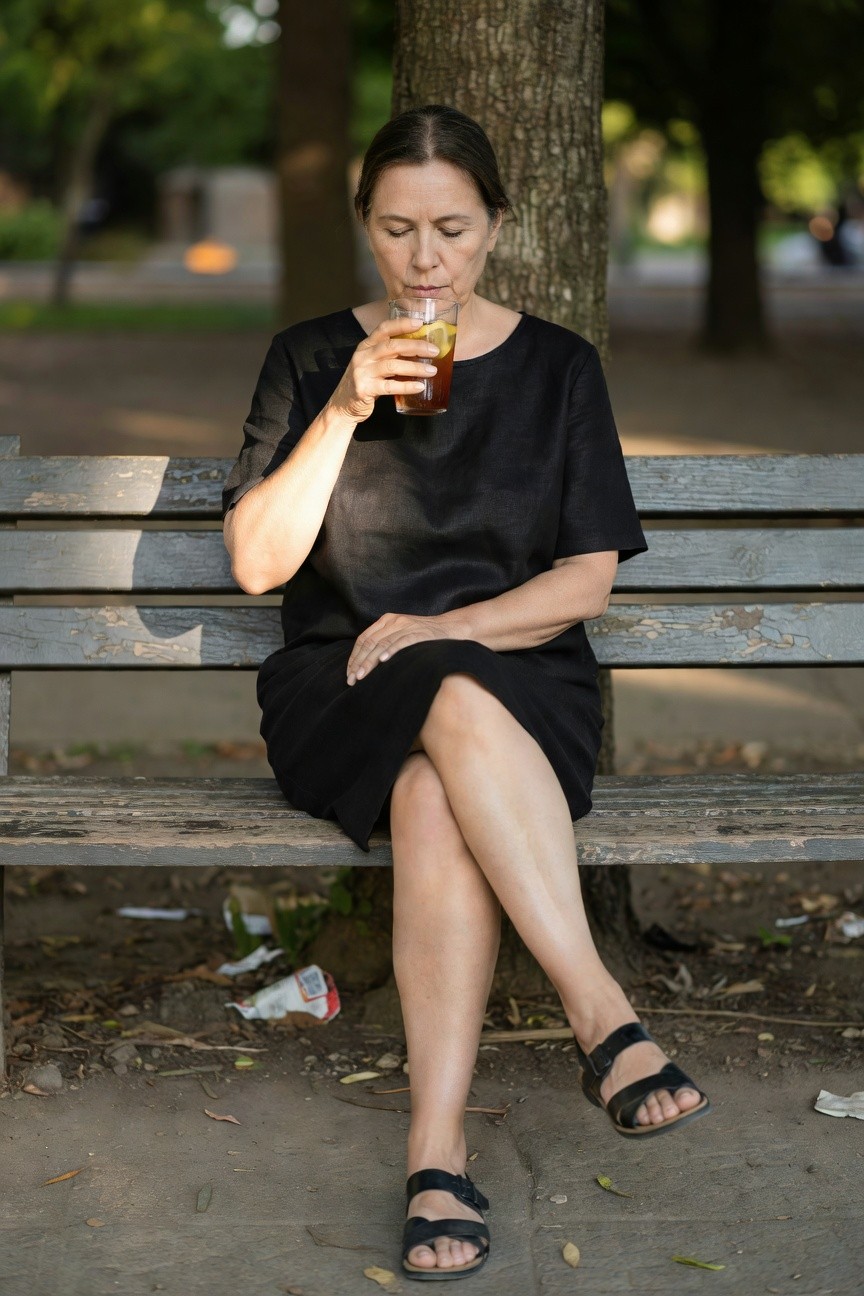 Woman in her 50s sitting on a wooden bench wearing a loose short-sleeved black shift dress mid-thigh length and black strappy flat sandals, holding a glass of iced tea with lemon