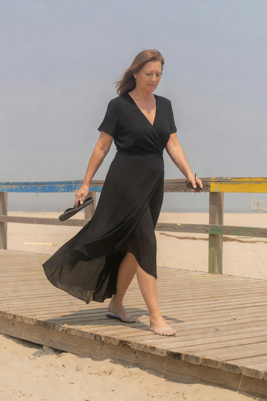 Woman in her 50s walking barefoot on a wooden boardwalk in a flowing black short-sleeve wrap dress with side slit, holding black flip-flops and sunglasses in one hand, beach sand visible nearby