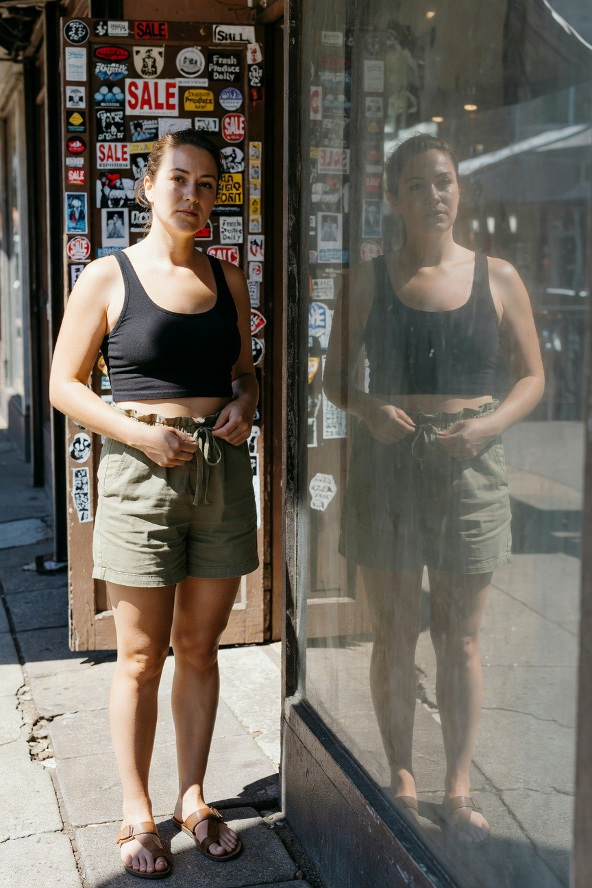 Woman standing casually in a black sleeveless crop top, olive green drawstring shorts, and brown leather strappy flat sandals, hands adjusting the shorts' waist ties, with her reflection visible in a storefront window