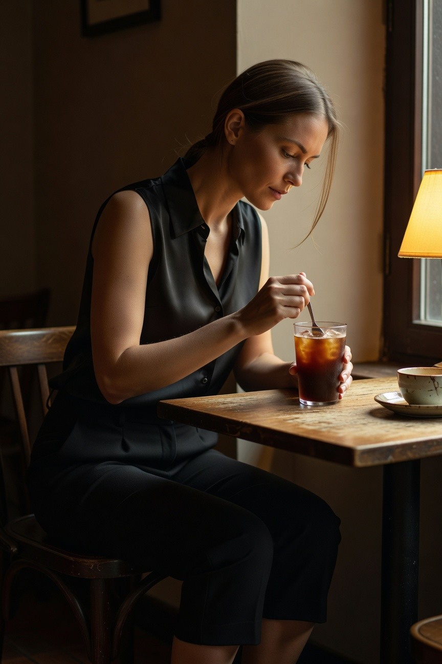 Woman in sleek all-black outfit with sleeveless button-front blouse and wide-leg cropped pants, seated and holding a glass of iced coffee with a spoon