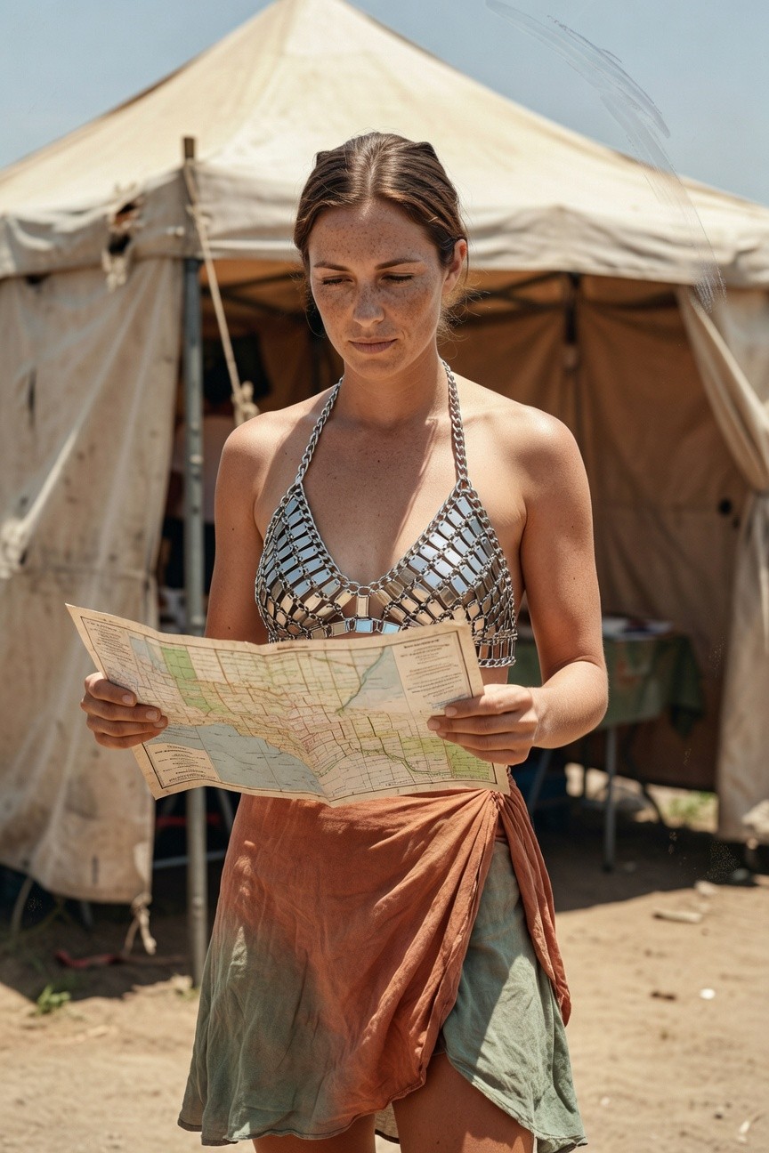 Woman with freckles and brown hair holding a folded map, wearing a silver chainmail halter bikini top and short orange-to-green faded sarong skirt wrapped low on hips, standing near festival tents