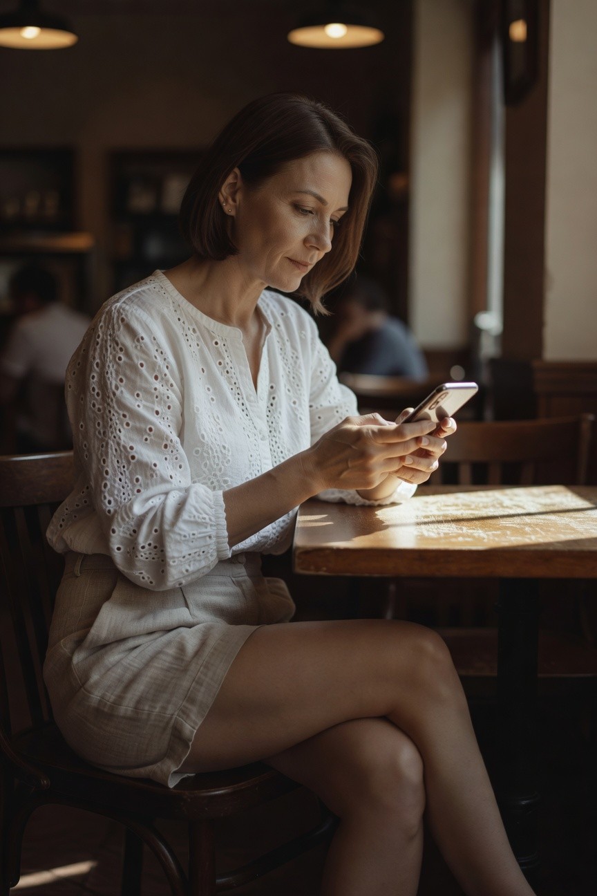 Mature woman in her 40s sitting at a wooden table, wearing a white eyelet-embroidered long-sleeve blouse with V-neck and a short beige linen skirt, holding a smartphone, in a warmly lit cafe setting