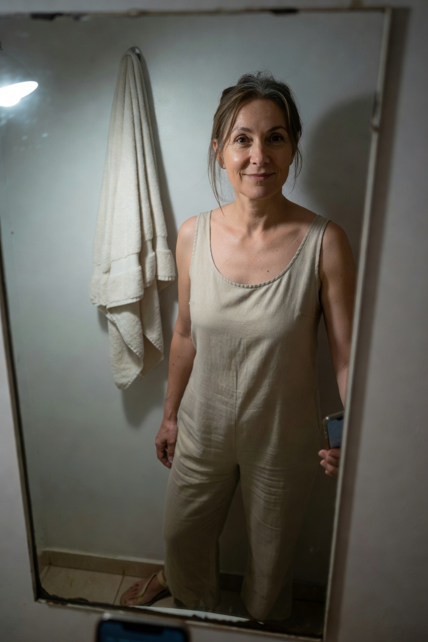 Woman in her 40s with shoulder-length graying hair standing in front of a bathroom mirror, wearing a sleeveless beige linen wide-leg jumpsuit and tan flip-flop sandals, holding a smartphone in one hand with a white towel hanging nearby