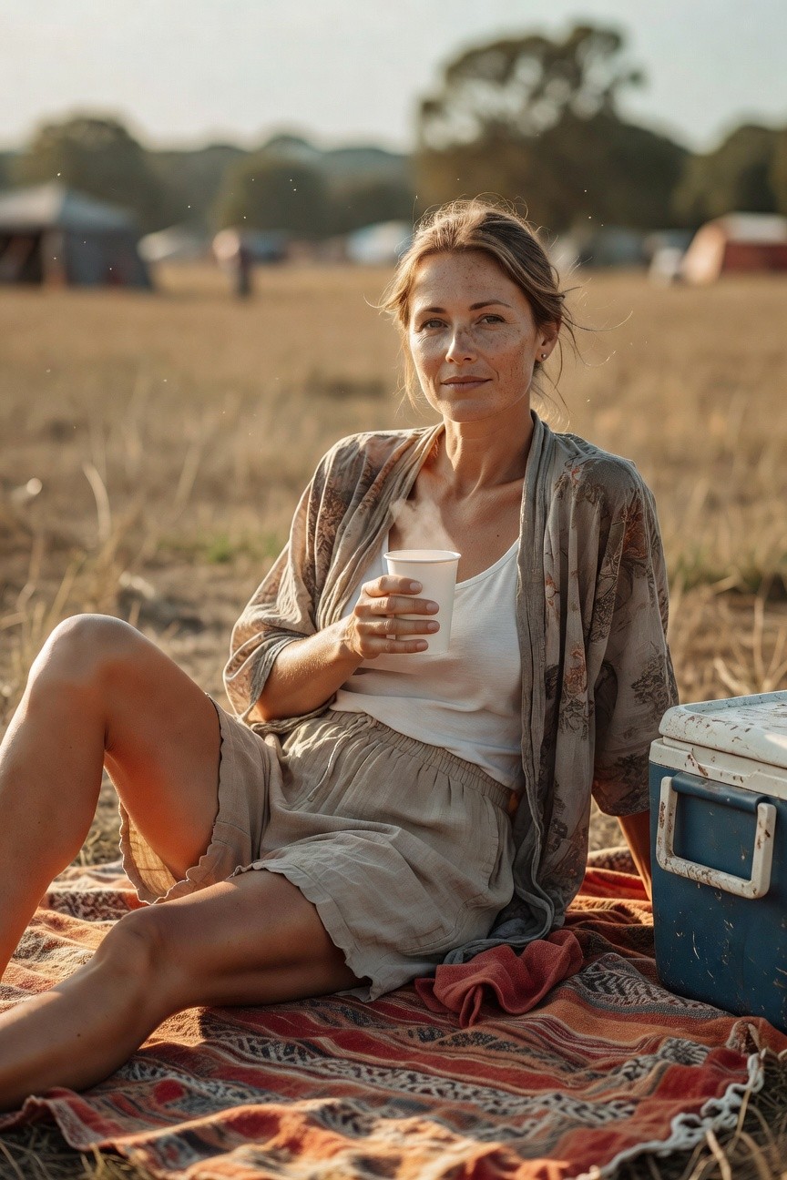 Woman sitting on a colorful blanket at a festival, wearing an open gray patterned kimono cardigan over a white tank top and loose beige linen shorts, holding a white cup, with a blue cooler nearby, golden field background