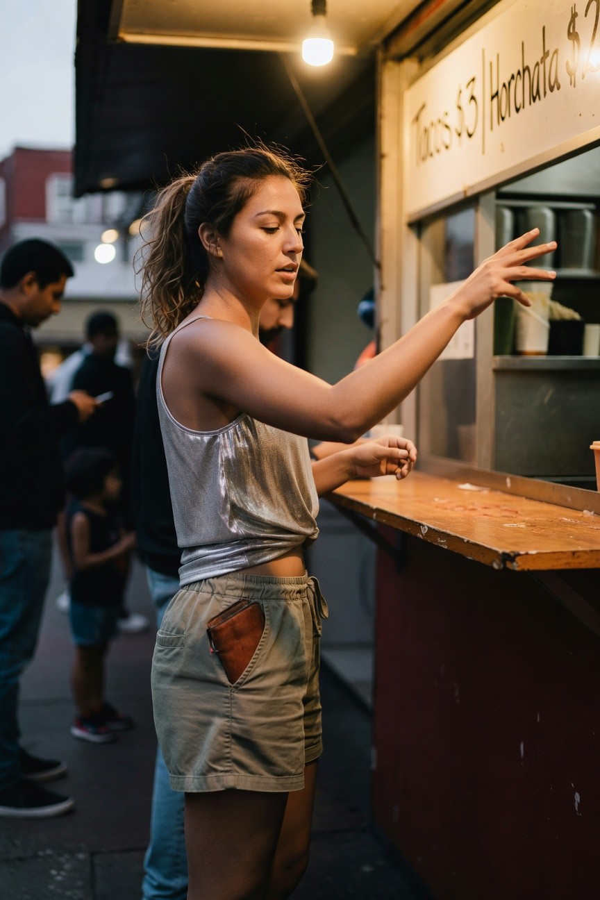 Woman in cropped shimmering silver tank top and high-waisted khaki cargo shorts with leather wallet in pocket, arm extended at wooden food truck counter