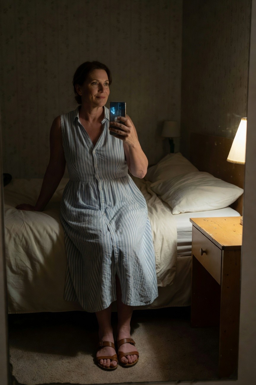 Woman in her 40s with brown hair in a loose bun, wearing a light blue and white vertical striped sleeveless button-front midi dress, sitting on the edge of a bed with brown leather flat sandals, holding phone for selfie in a softly lit bedroom