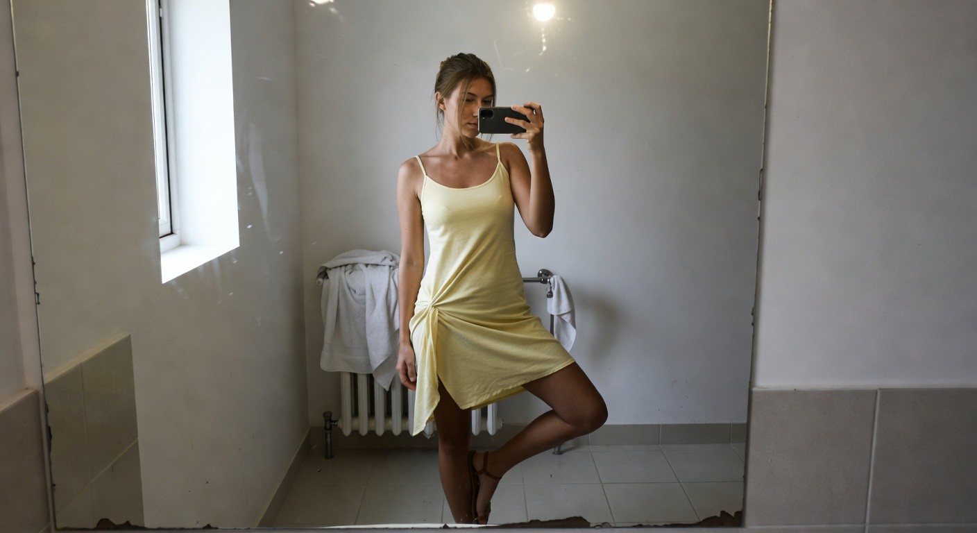 Woman taking mirror selfie in bathroom wearing pale yellow spaghetti-strap mini sundress with hand near hem, one leg extended wearing metallic strappy flat sandals, beige towel draped on sink nearby