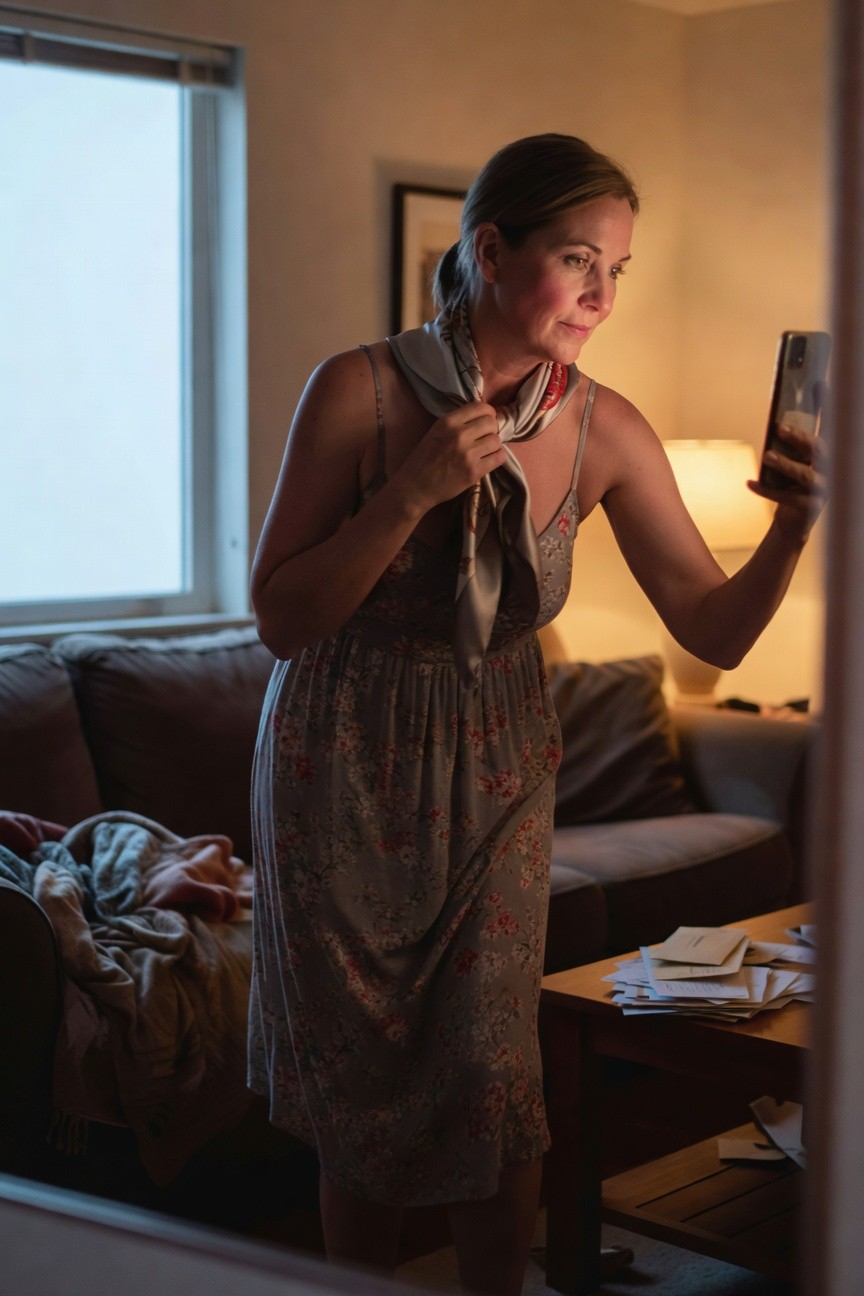 Woman wearing a light gray floral sundress with spaghetti straps and a loosely draped gray scarf over shoulders, holding phone for selfie in living room setting