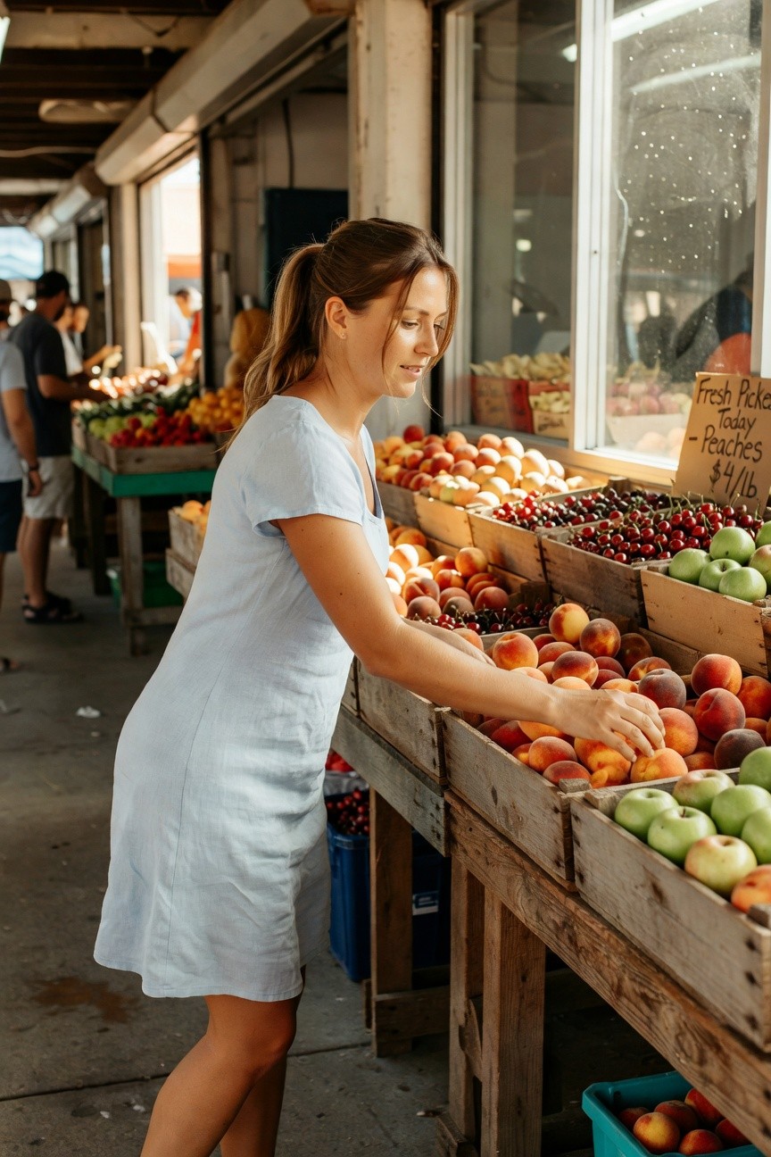 Woman in light blue v-neck linen sundress with short sleeves bending to select ripe peaches from wooden crates at a market stall