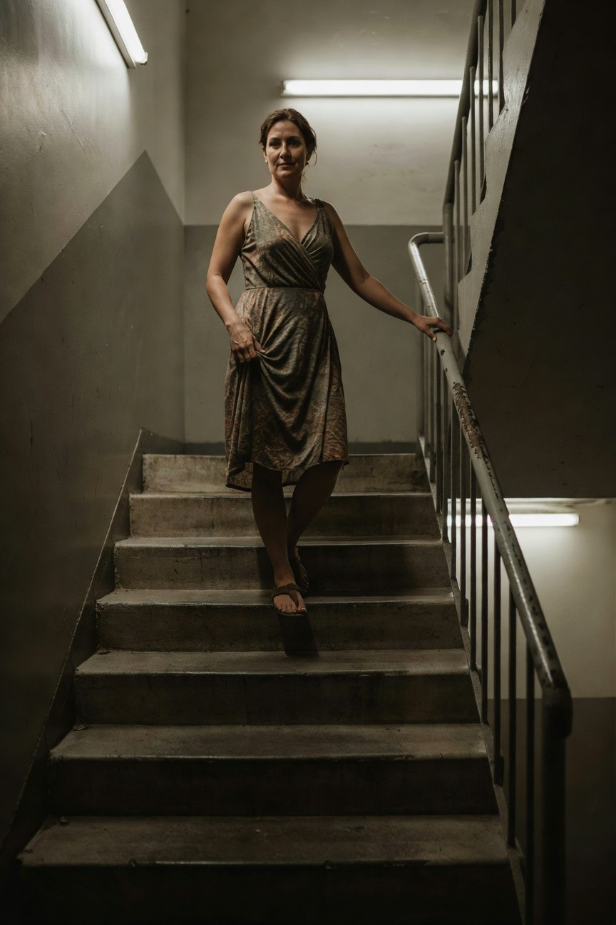 Woman standing on concrete stairs in a green printed wrap sundress with spaghetti straps, v-neckline, midi length, hands in pockets and on railing, wearing brown flat sandals, indoor fluorescent lighting