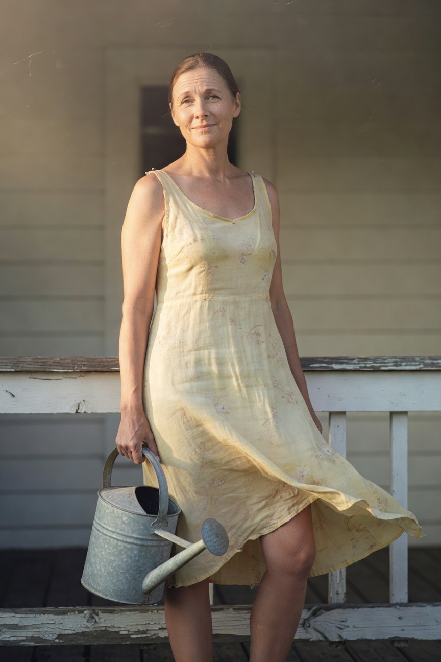 Woman in her 40s standing on a porch wearing a sleeveless pale yellow midi sundress with subtle floral print, holding a gray metal watering can, one hand on the railing, dress flowing slightly at the hem.