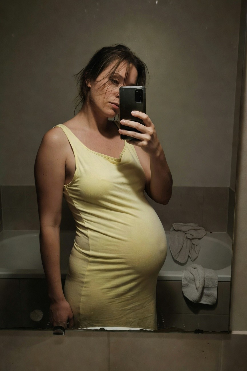 Mirror selfie of pregnant woman in sleeveless pale yellow tank sundress, prominent belly, holding phone and razor handle, bathroom setting with tub and towels