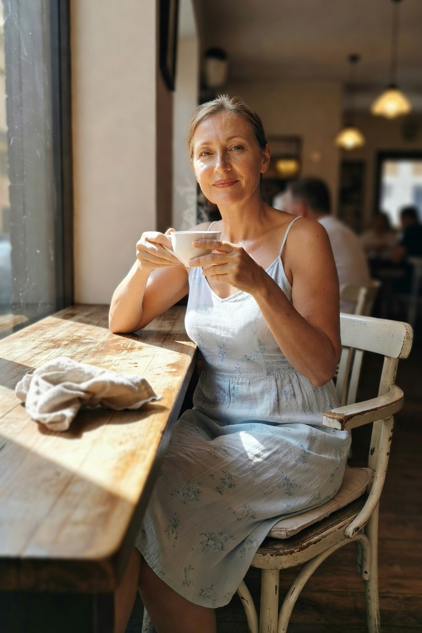 Mature woman with blonde-gray hair wearing a light blue floral-printed spaghetti-strap sundress, holding a white teacup at a wooden cafe table with a linen cloth nearby