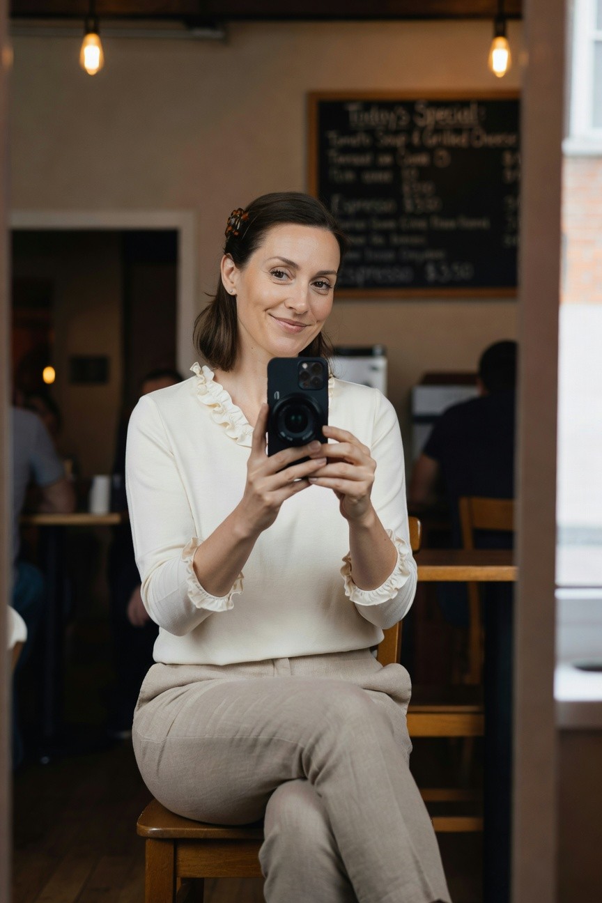 Woman smiling in selfie wearing cream long-sleeve ruffle blouse tucked into high-waisted beige trousers, seated on wooden chair in cozy cafe setting