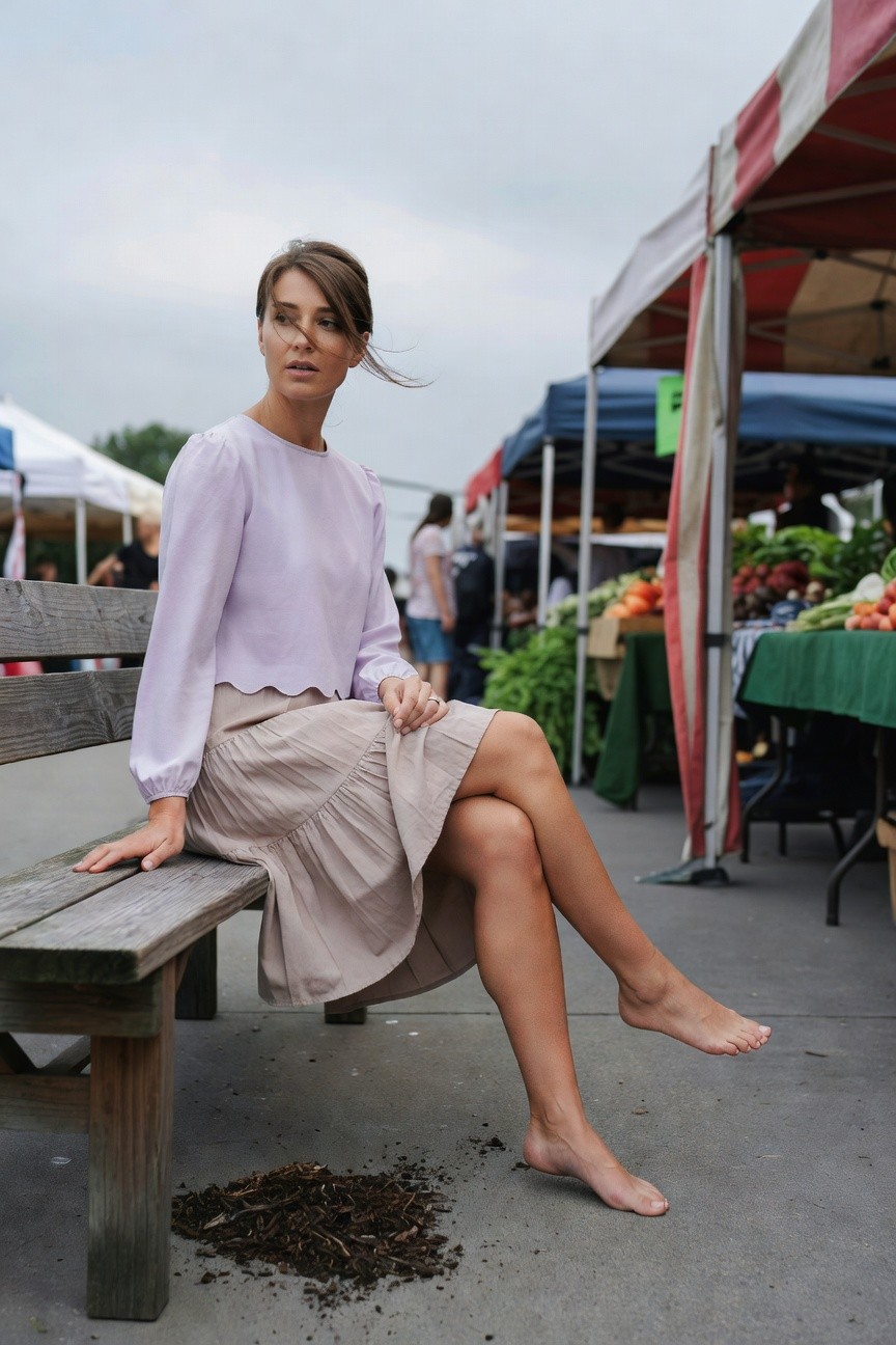 Woman seated on a wooden bench wearing a cropped lavender blouse with long puffed sleeves and scalloped hem, paired with a beige pleated midi skirt, barefoot with legs extended, mulch pile nearby at an outdoor farmers market with tents and produce stalls in blurred background