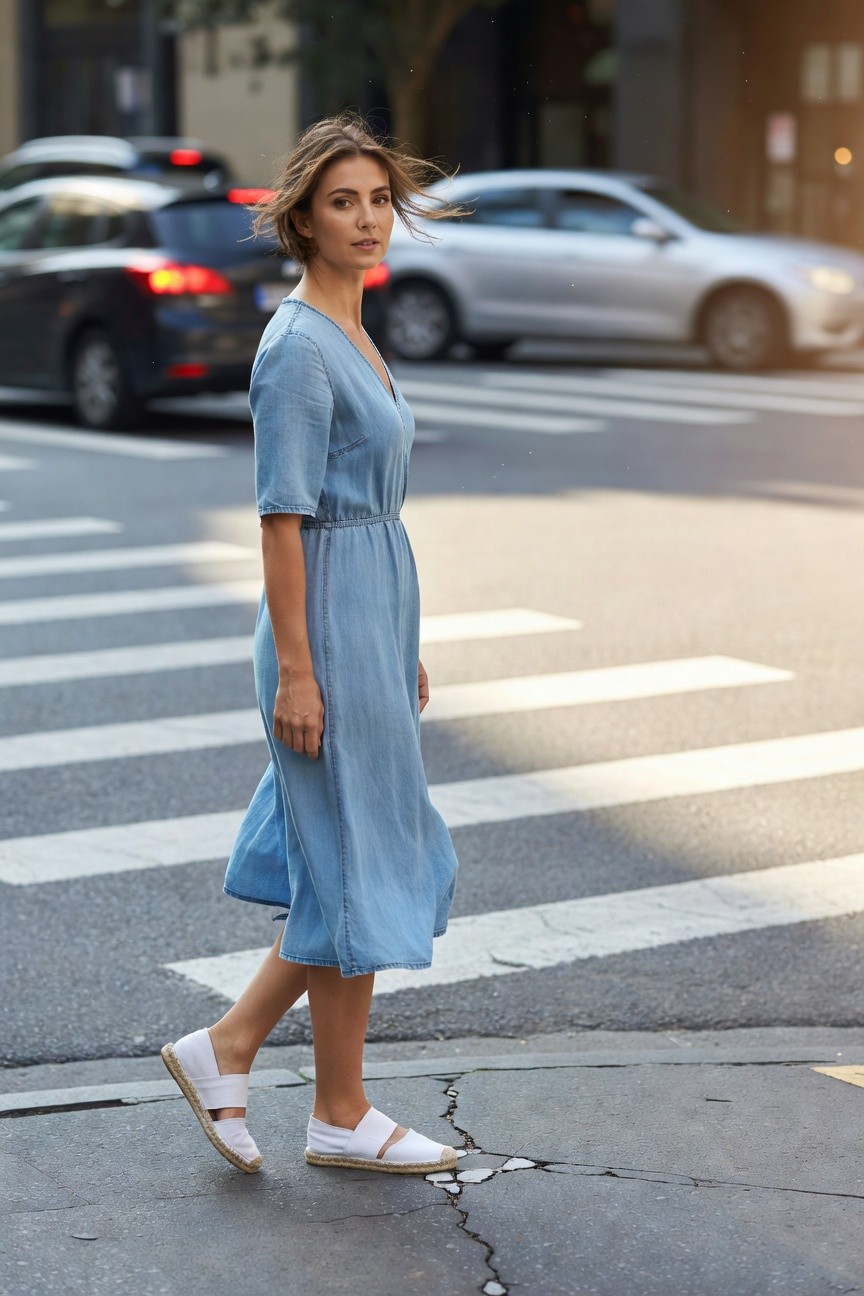 Woman walking in a light blue denim midi dress with v-neck, short sleeves, cinched waist, and flowy skirt paired with white cutout espadrille wedge sandals