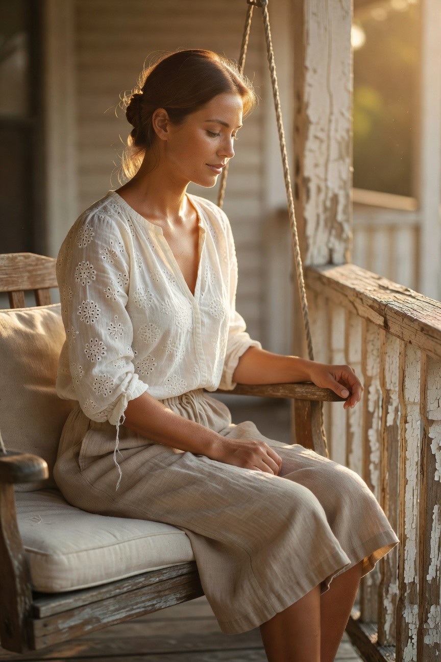 Woman sitting on wooden porch swing wearing white eyelet long-sleeve blouse with V-neck and embroidered floral details paired with beige wide-leg linen cropped trousers, relaxed pose with hand on railing