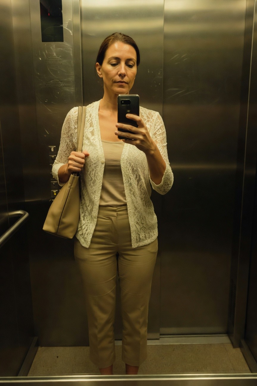 Woman taking elevator selfie in off-white sheer lace long-sleeve cardigan over cream camisole, paired with beige tailored cropped trousers and tan leather handbag