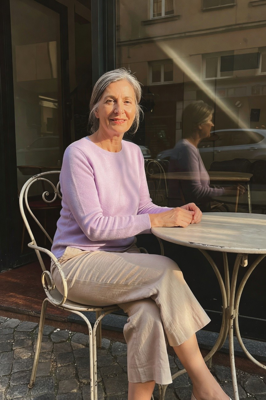 Mature woman with silver hair smiling, wearing a light lavender long-sleeve knit sweater and beige wide-leg linen pants, seated at a round white bistro table on ornate metal chair with hands folded on the table