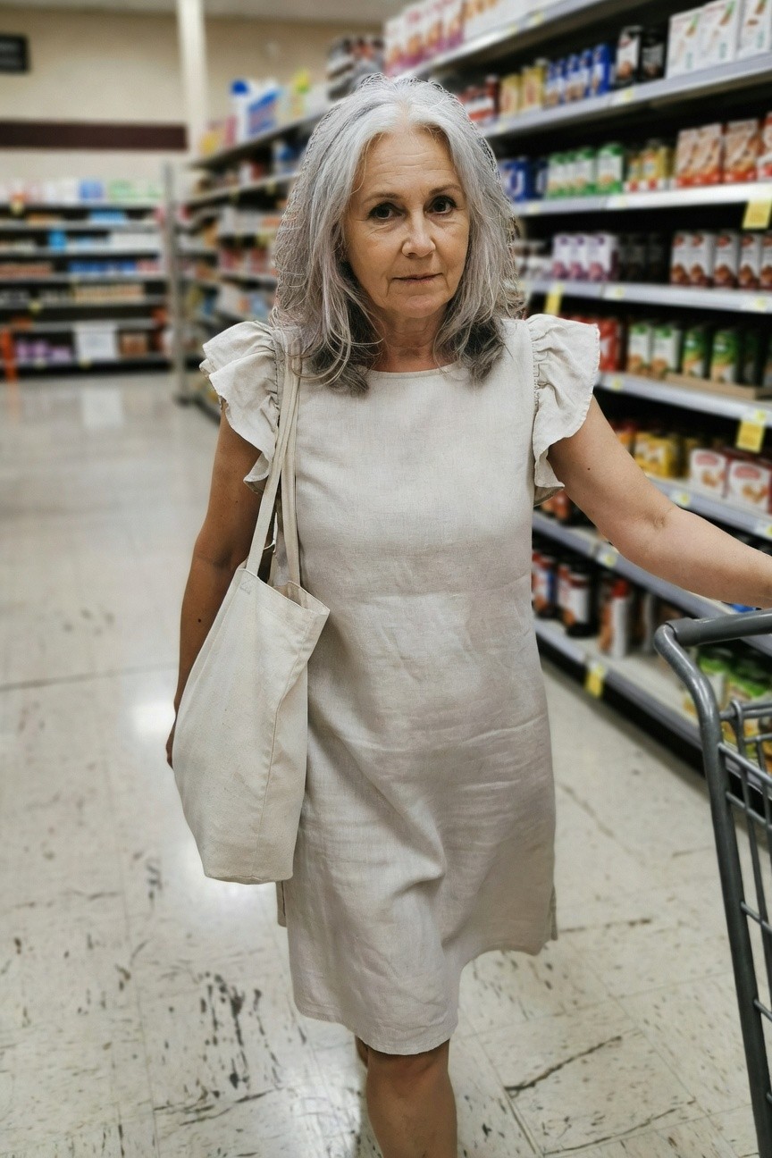 Silver-haired woman over 50 in a cream linen knee-length shift dress with ruffled short sleeves, carrying a white canvas tote bag and pushing a shopping cart down a grocery store aisle