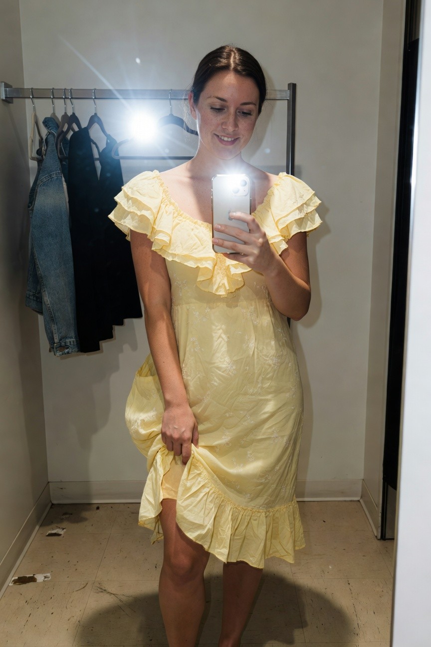 Woman taking a mirror selfie in a fitting room, wearing a flowy yellow ruffled dress with shoulder frills, square neckline, and embroidered details, holding up the skirt slightly while smiling.