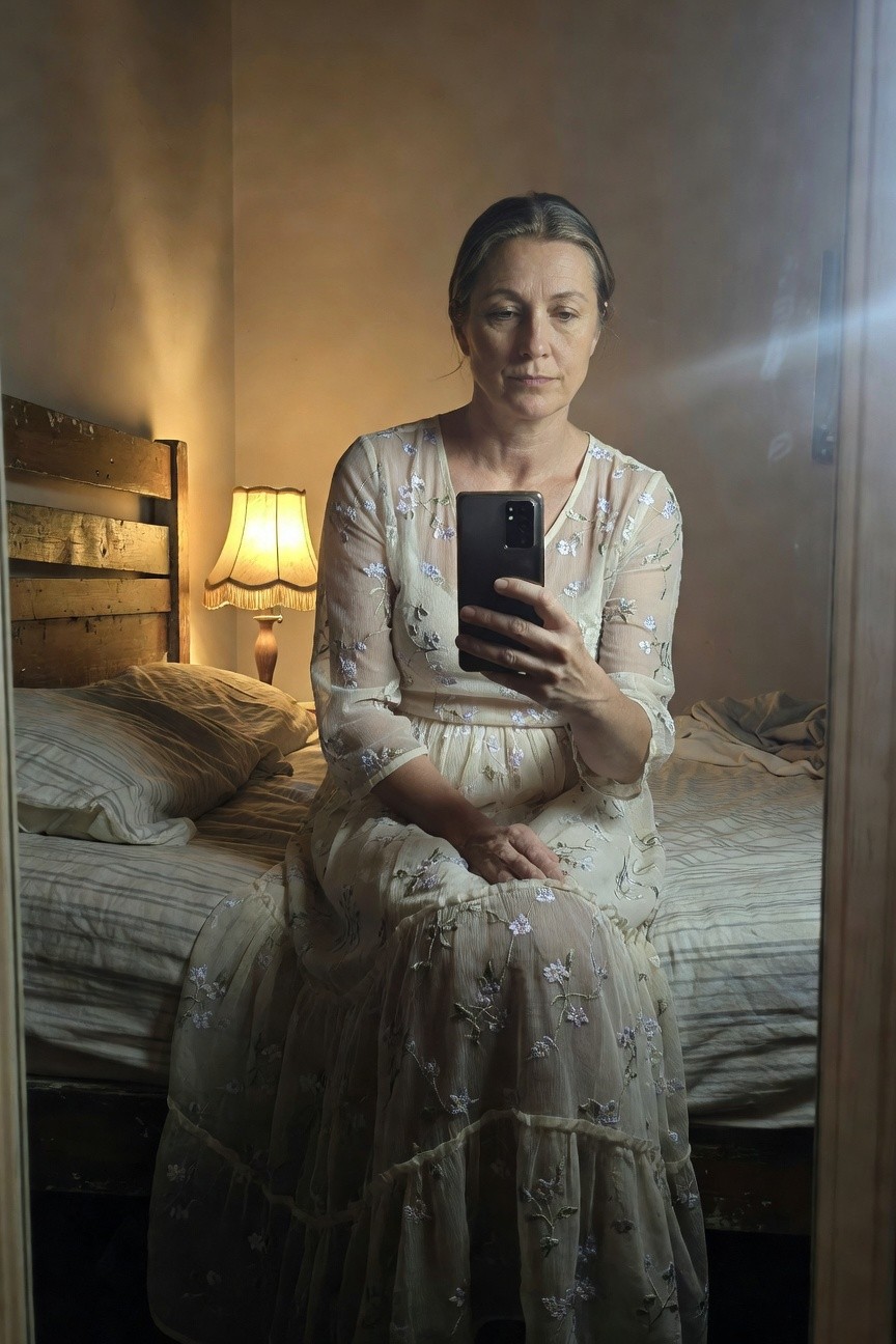 Woman seated on bed in a sheer white midi dress with delicate floral embroidery, long sleeves, flowy skirt, holding phone for selfie in warmly lit bedroom
